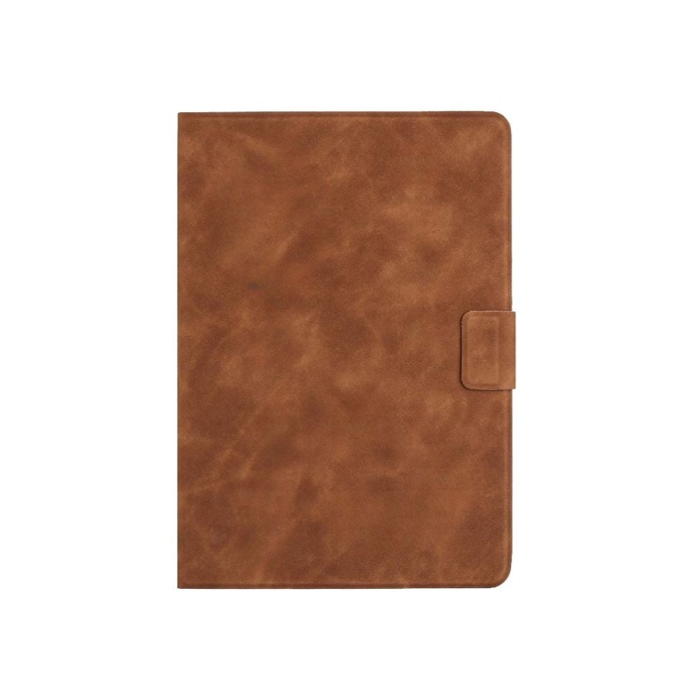 Brown leather iPad 12.9-inch 2022 book flip case with magnetic closure, branded Phone Base, featuring a wallet-style design.