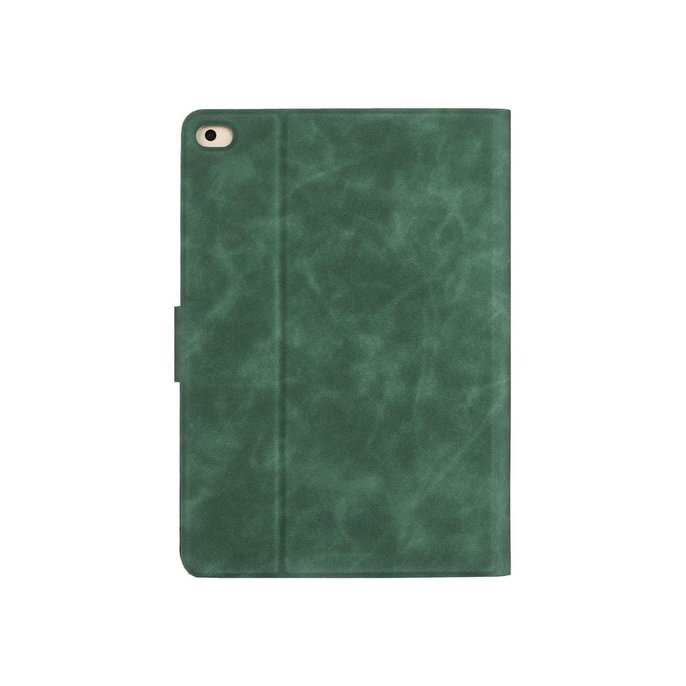 Green leather book flip case for iPad 9.7 by Phone Base with magnetic closure, featuring a wallet-style design and precise cutouts.