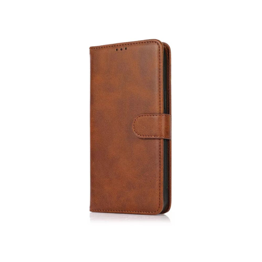 Black iPhone 11 Book Flip Case by Phone Base with magnetic closure, made of leather, featuring card slots and a protective design.