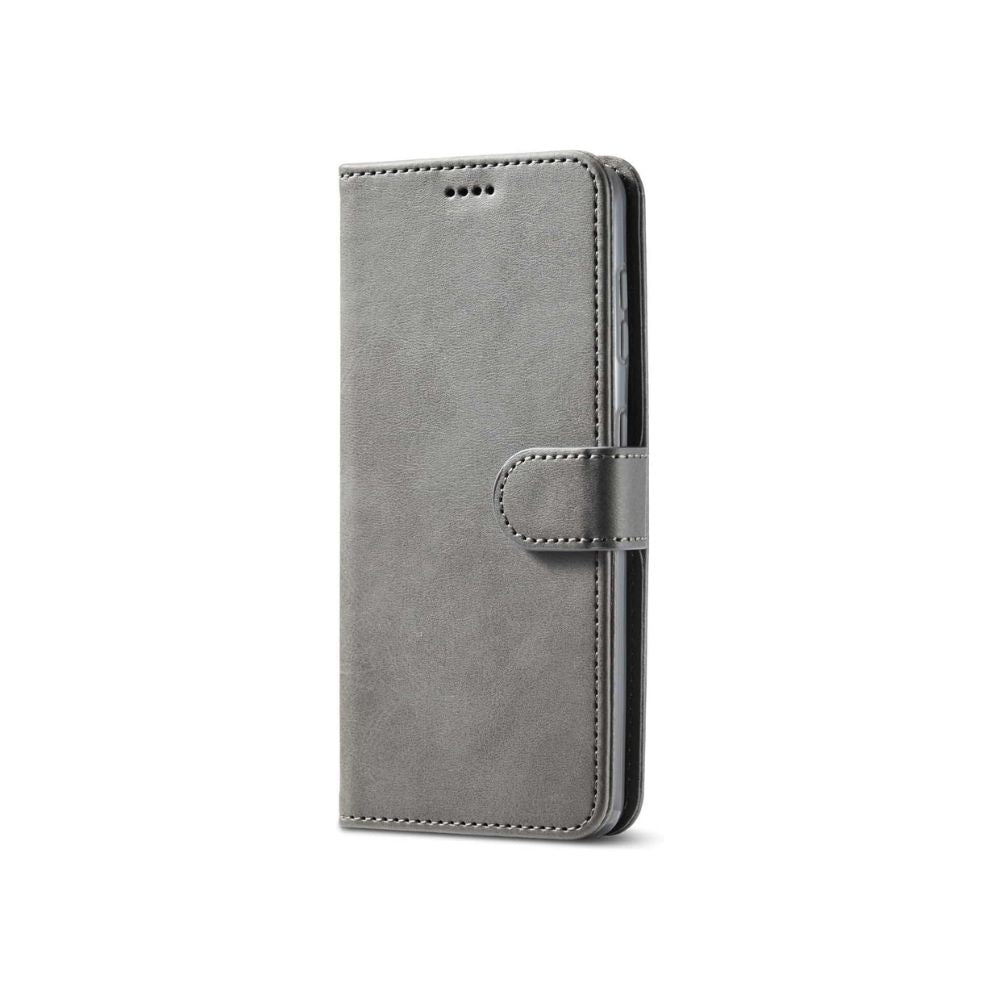 Grey leather flip case for iPhone 14 series by Phone Base, featuring a magnetic closure and wallet-style design.