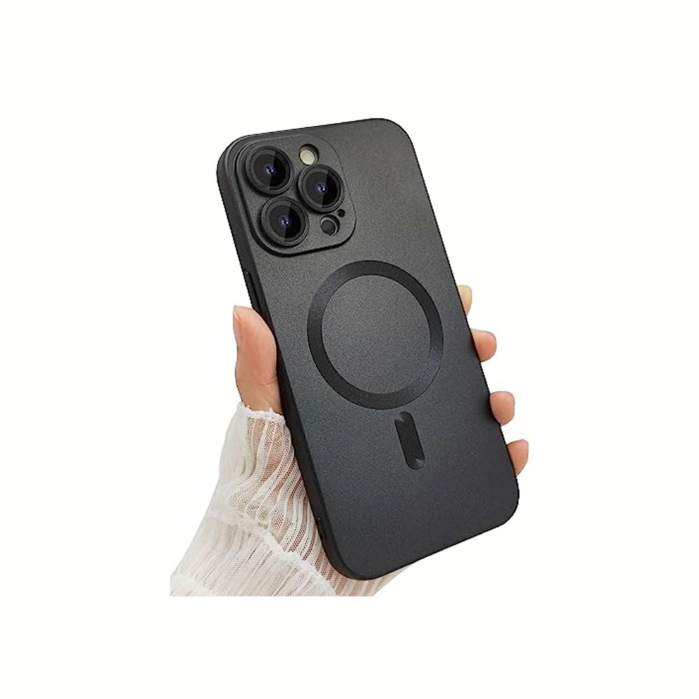 Phone Base iPhone lens protector magnet case on iPhone 12-15 Pro showing durable protective design with magnetic attachment.