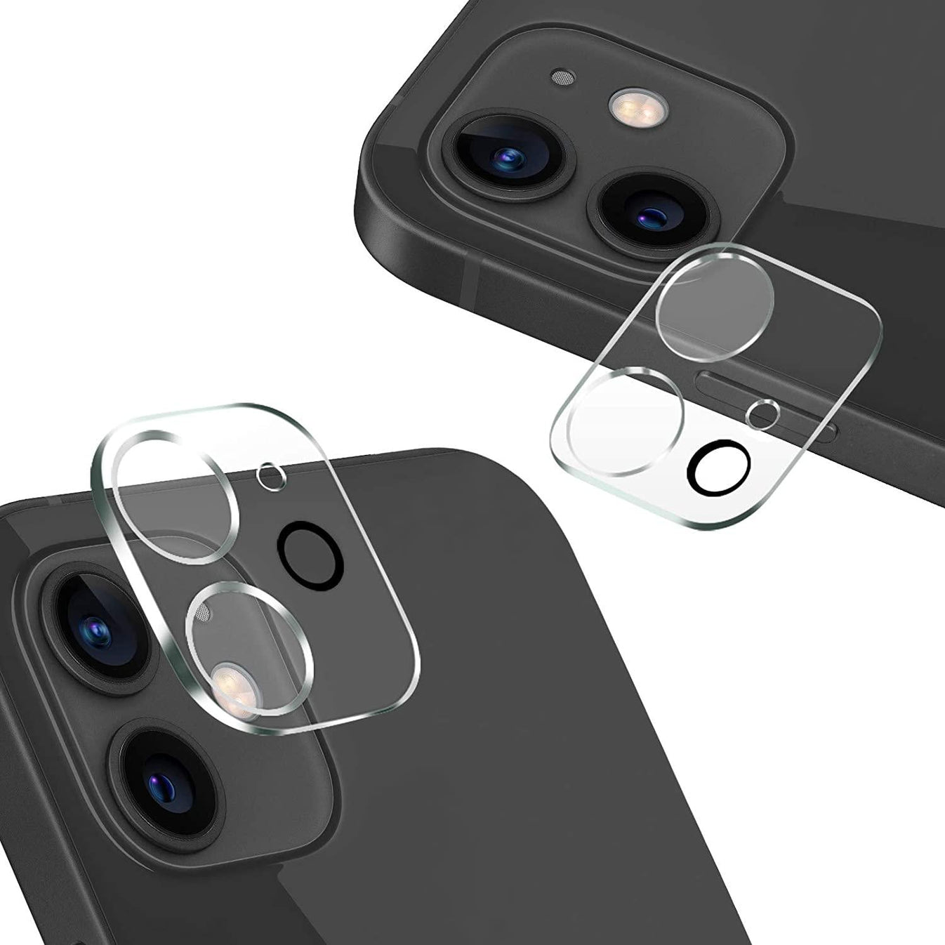 Clear iPhone 12-16 camera lens protector by Phone Base, fully covering the rear camera lenses for protection.