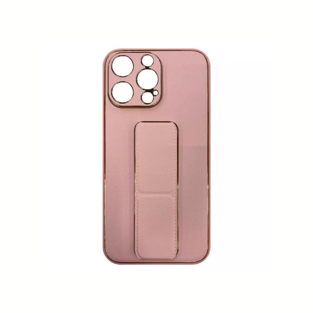 Pink iPhone 13 Vibe Stand Case by Phone Base, showing the case with built-in stand and sleek design for the smartphone.
