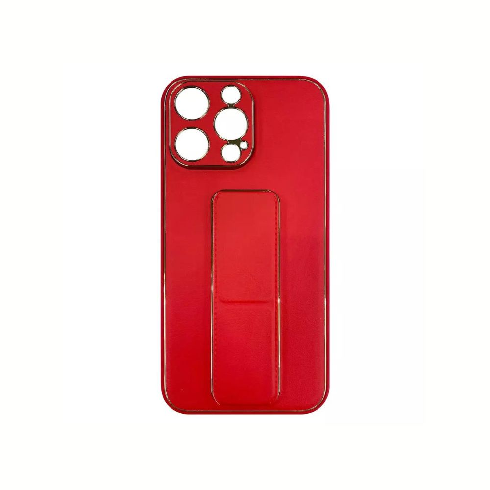 Red iPhone 13 Vibe Stand Case by Phone Base with built-in stand and protective bumper on a white background.