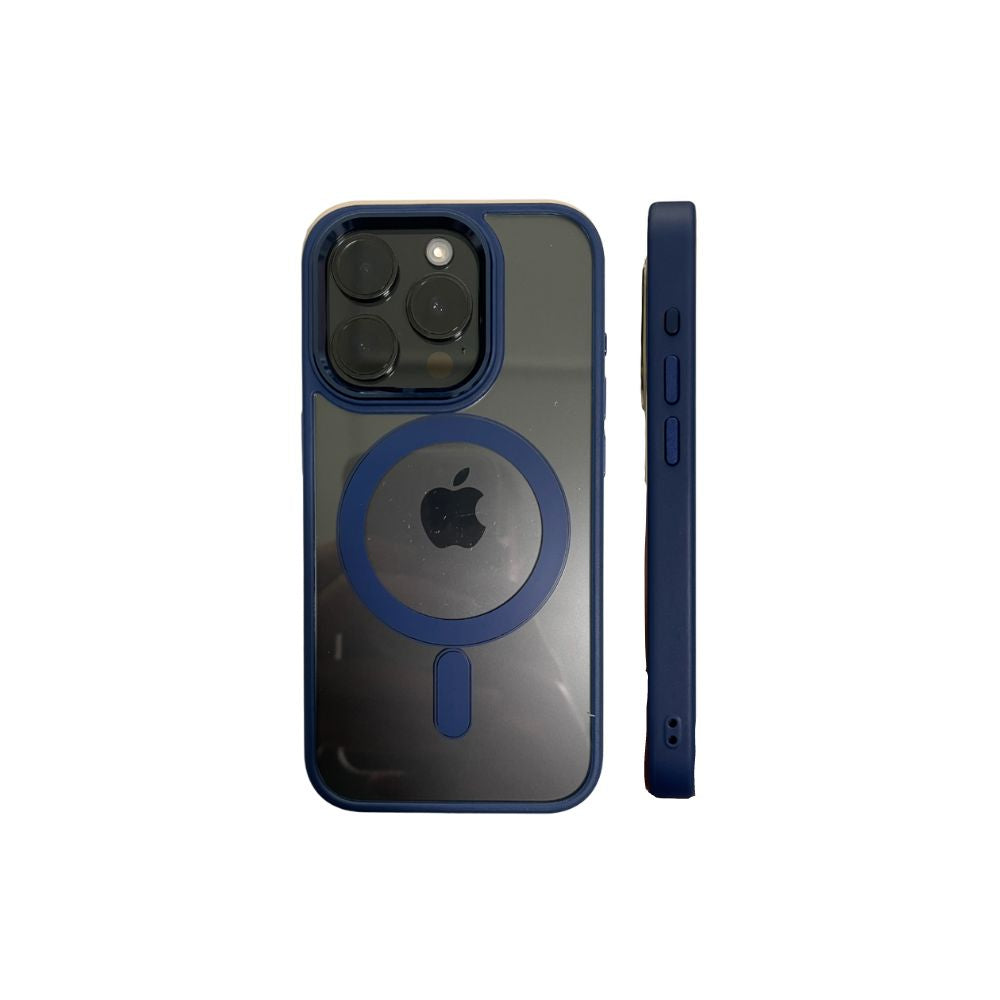 Blue Phone Base Vibe MagSafe case for iPhone 15 and 16 series, showing the slim protective design on an iPhone 15 Pro Max.