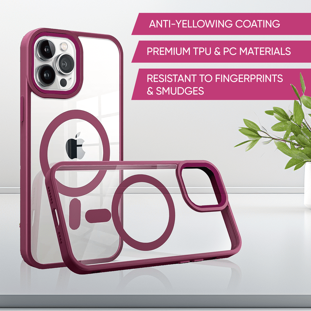 Wine red Phone Base Vibe MagSafe Case for iPhone 15 and 16 Pro and Pro Max, showing the textured back and MagSafe alignment.