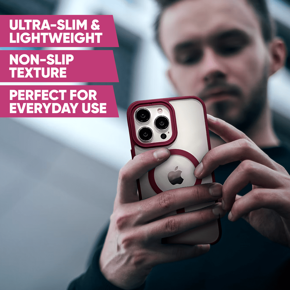 Wine red Phone Base Vibe MagSafe Case for iPhone 15 and 16 series, showing the sleek protective design on iPhone 16 Pro Max.
