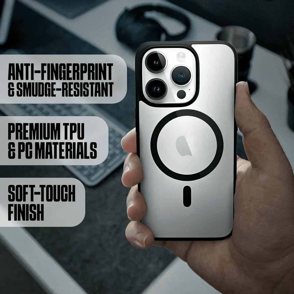 Black Phone Base Vibe MagSafe Case for iPhone 15 and 16 Series, showcasing slim design and magnetic attachment feature.
