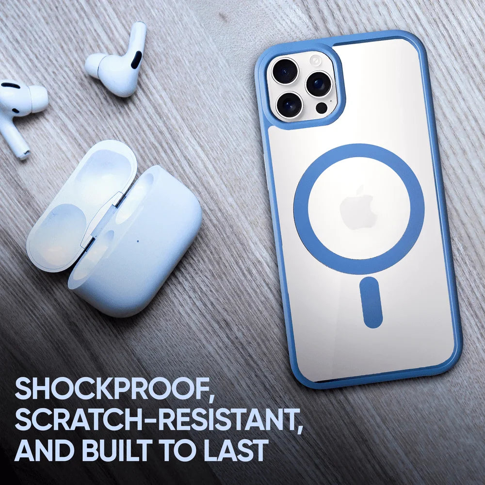 Blue Phone Base Vibe MagSafe Case for iPhone 15 and 16 series, showing the sleek, protective design on the iPhone 16.