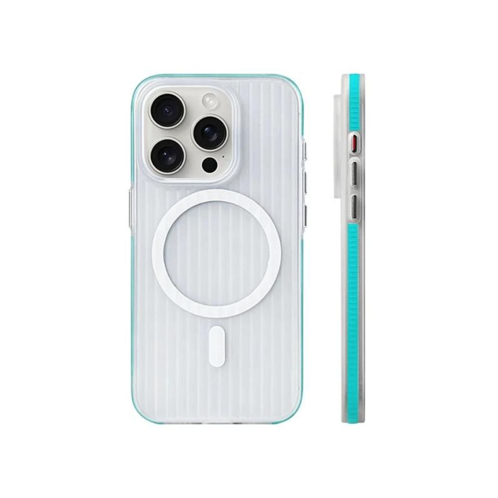 Light blue iPhone 15 series corrugated case with MagSafe by Phone Base, showing the textured, ultra-thin protective cover.