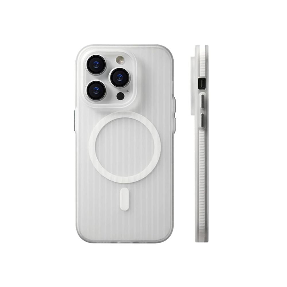 Clear white iPhone 15 Series ultra-thin corrugated case with MagSafe from Phone Base, showing textured design and precise cutouts.