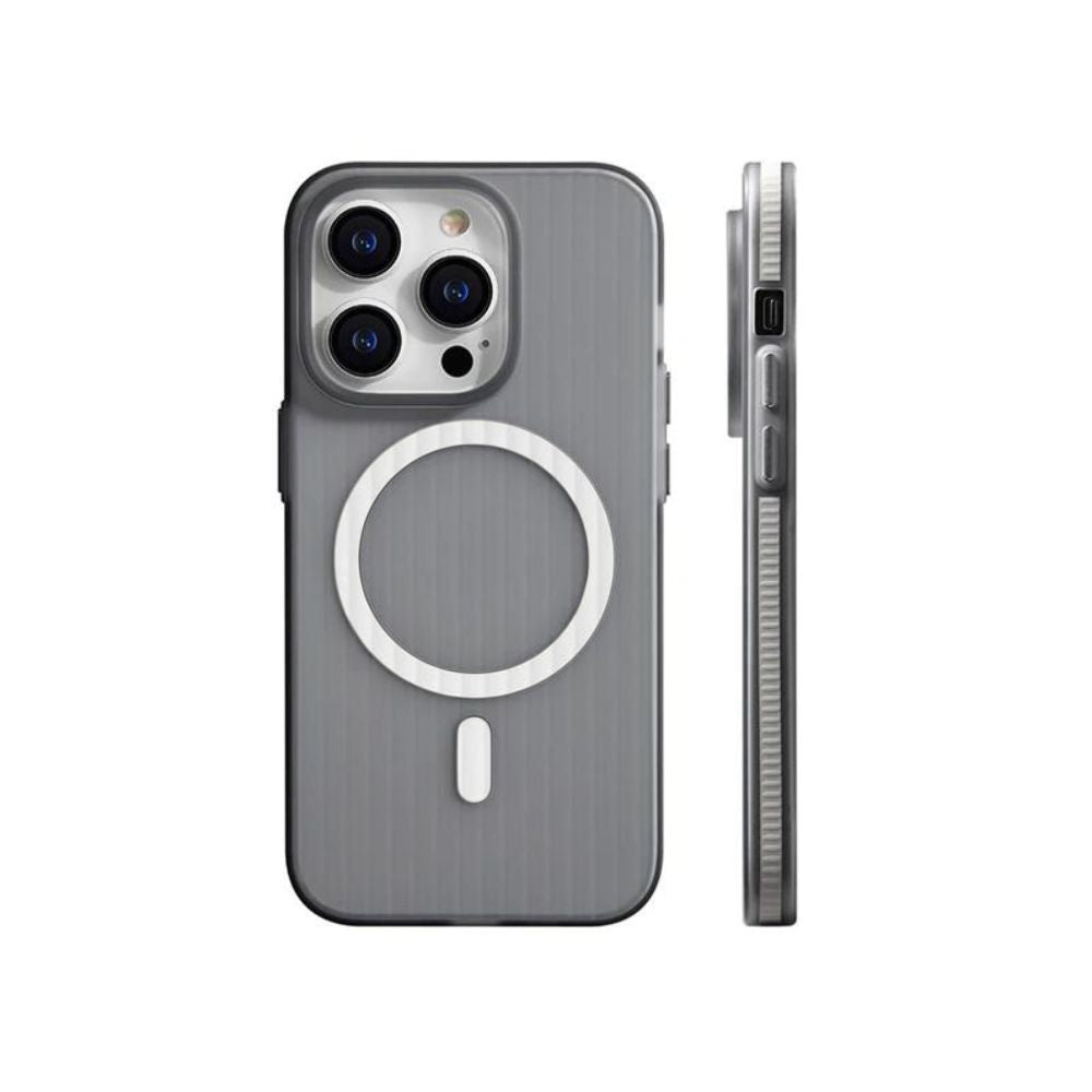 Grey iPhone 15 Series ultra-thin corrugated case with MagSafe from Phone Base, showing textured design and precise cutouts.