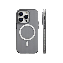 Grey iPhone 15 Series ultra-thin corrugated case with MagSafe from Phone Base, showing textured design and precise cutouts.