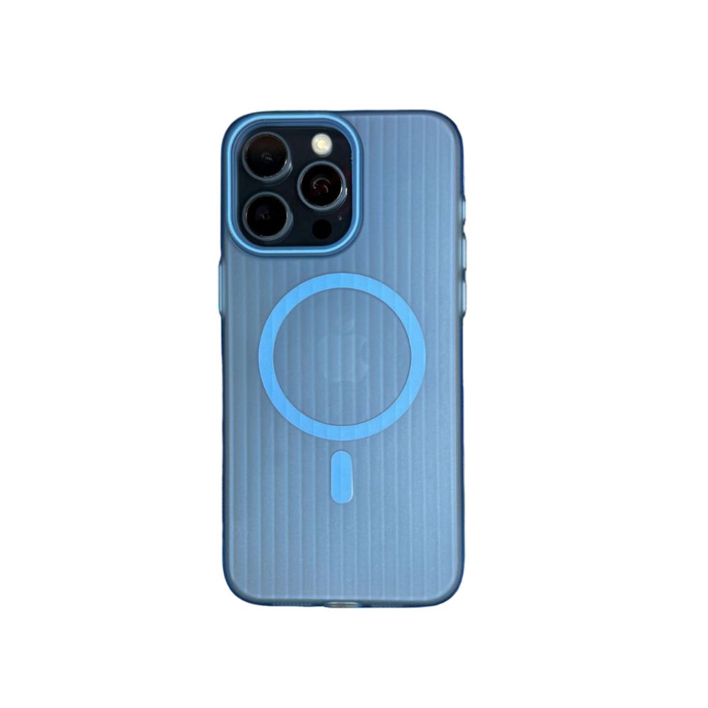 Dark blue iPhone 15 Series Ultra-Thin Corrugated Case with MagSafe, showing textured pattern and precise cutouts for ports and camera.