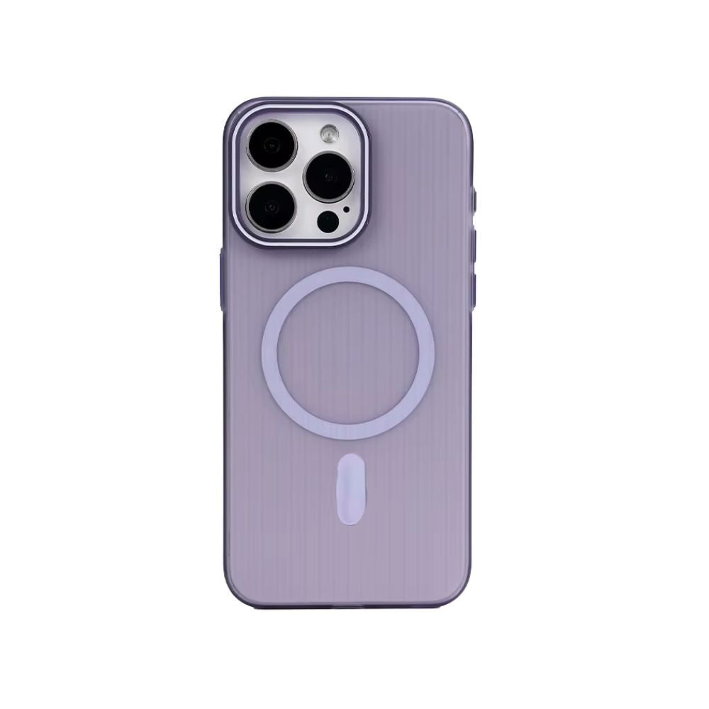Purple iPhone 15 Series Ultra-Thin Corrugated Case with MagSafe by Phone Base, showcasing its textured surface and magnetic alignment.