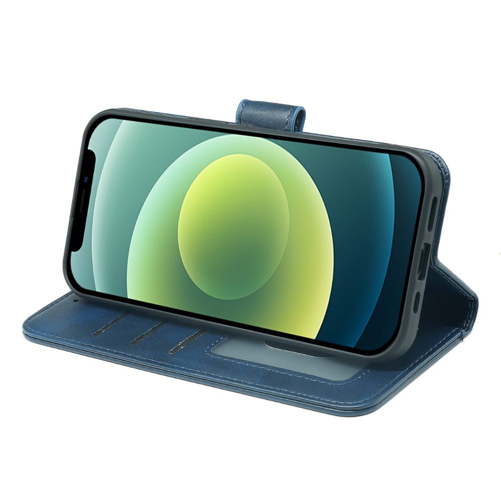Navy leather iPhone 11 book flip case with wallet features from Phone Base, showing the open case with card slots and phone inside.