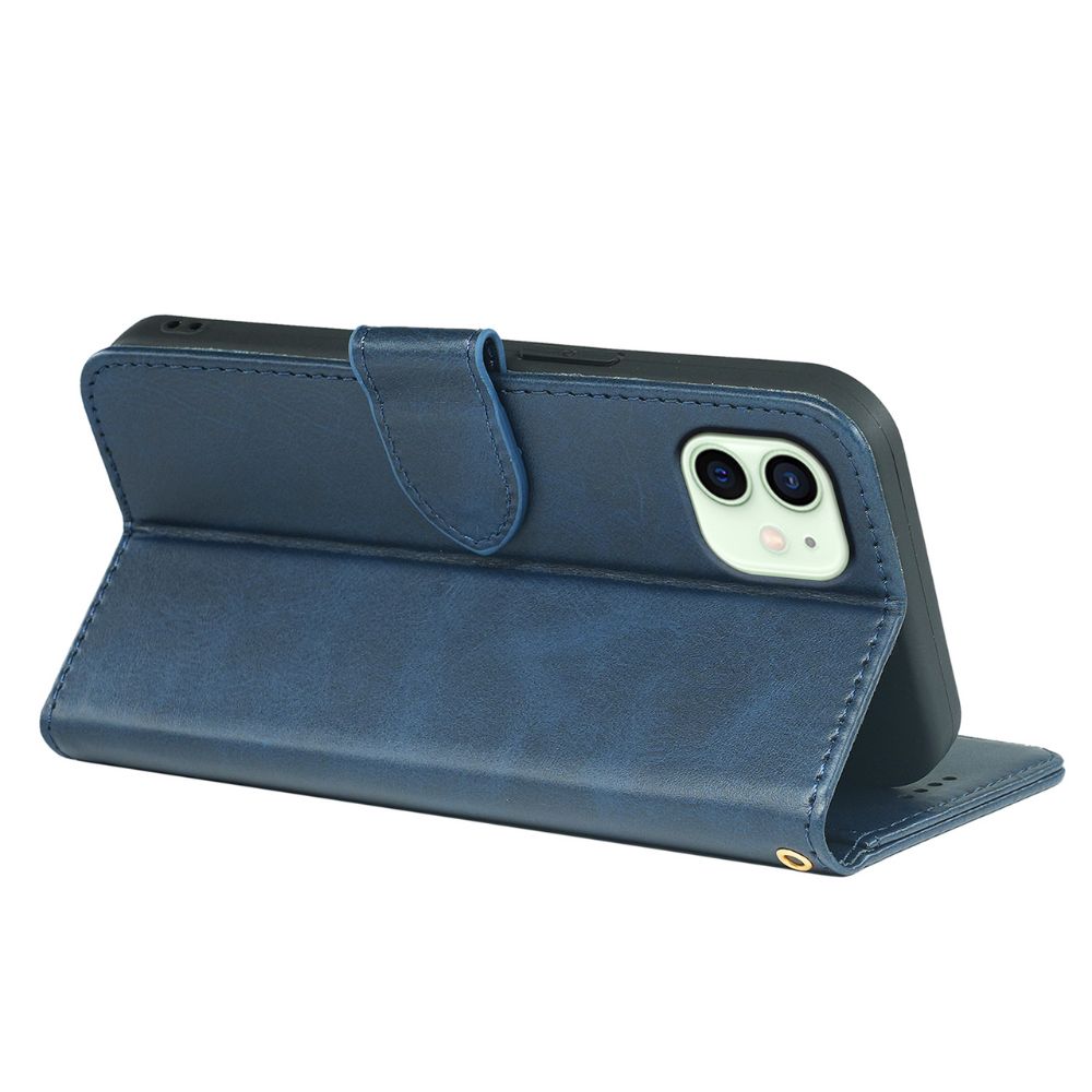 Navy leather iPhone 11 flip book case with wallet features from Phone Base, showing front cover and card slots.