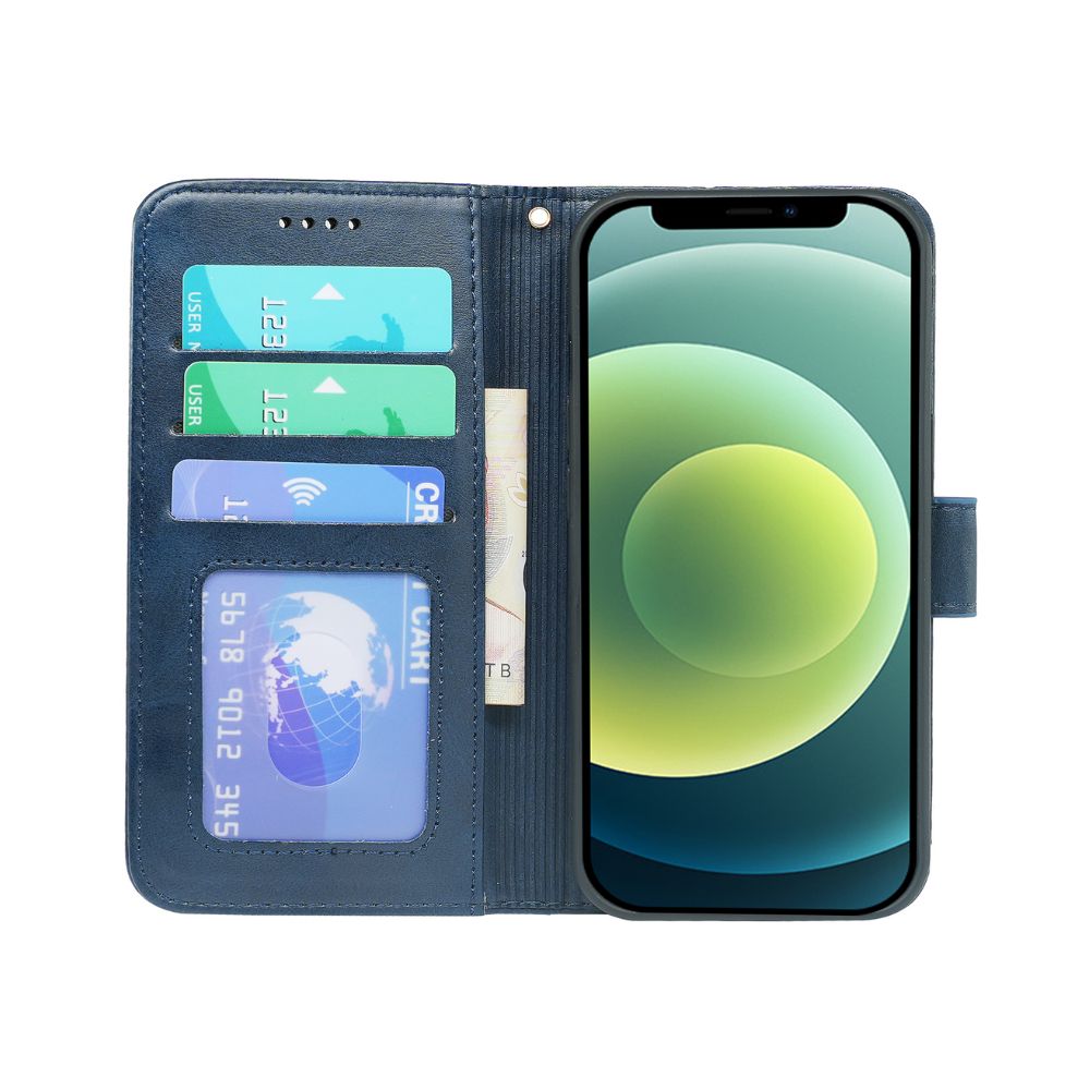Navy leather flip book case for iPhone 11 by Phone Base with wallet-style design and protective cover.