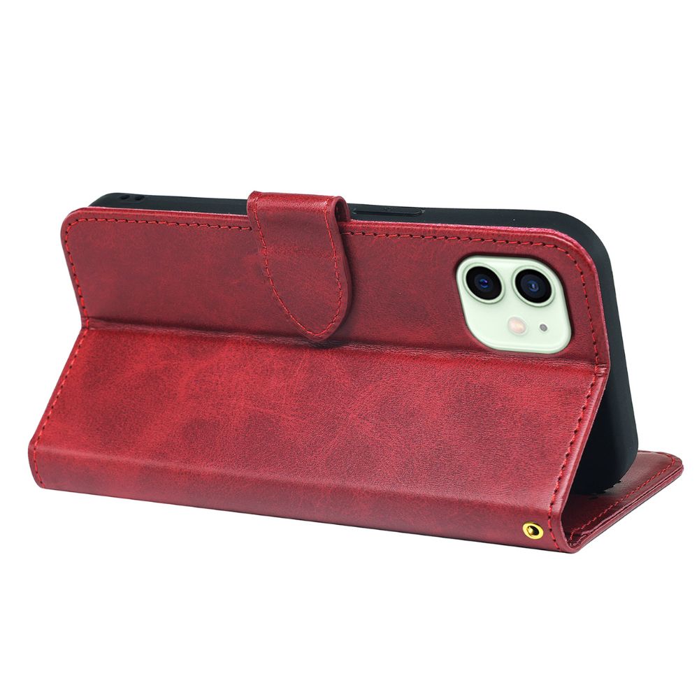 Red leather flip case for iPhone 11 from Phone Base, featuring a wallet-style book case with card slots and protective cover.