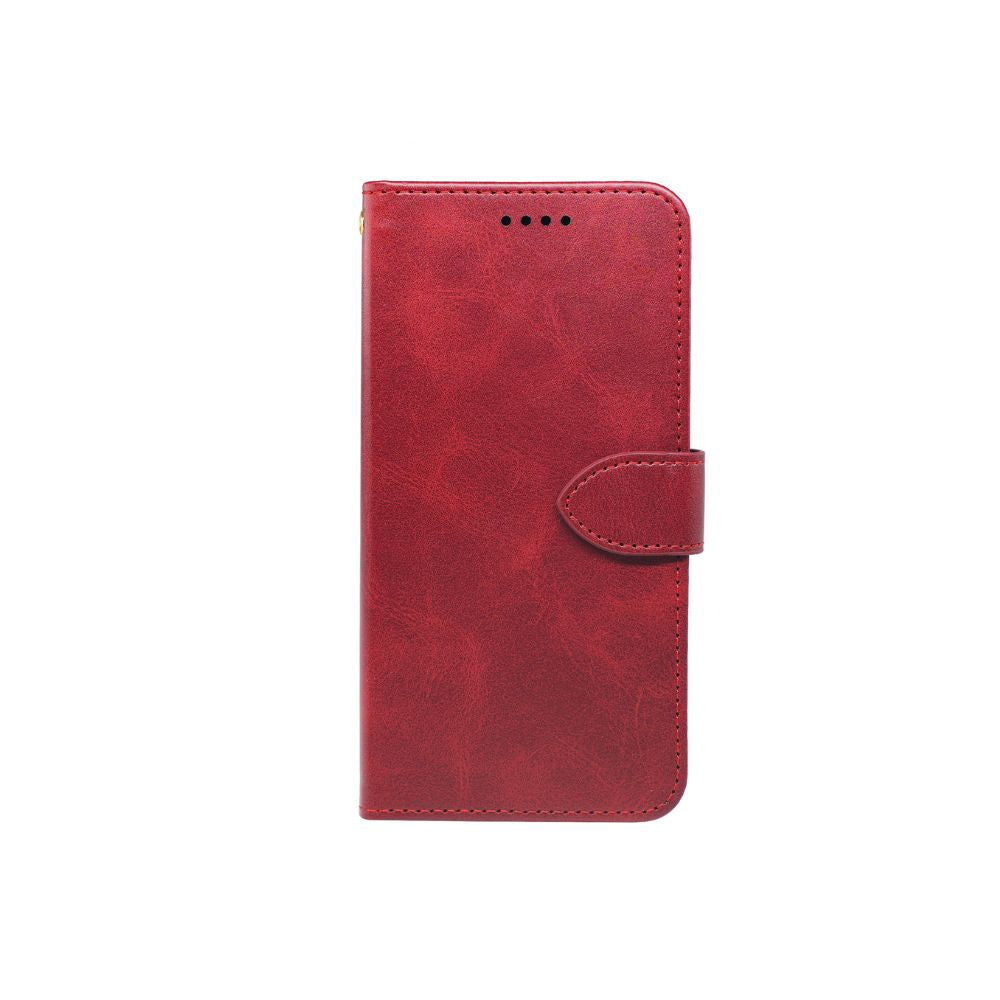 Red leather flip case for iPhone 11 by Phone Base, featuring a book-style design with wallet compartments.