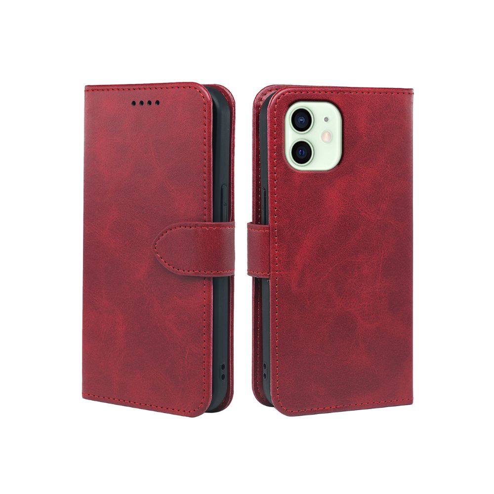 Red leather flip case for iPhone 11 by Phone Base, featuring a book-style wallet design with card slots.