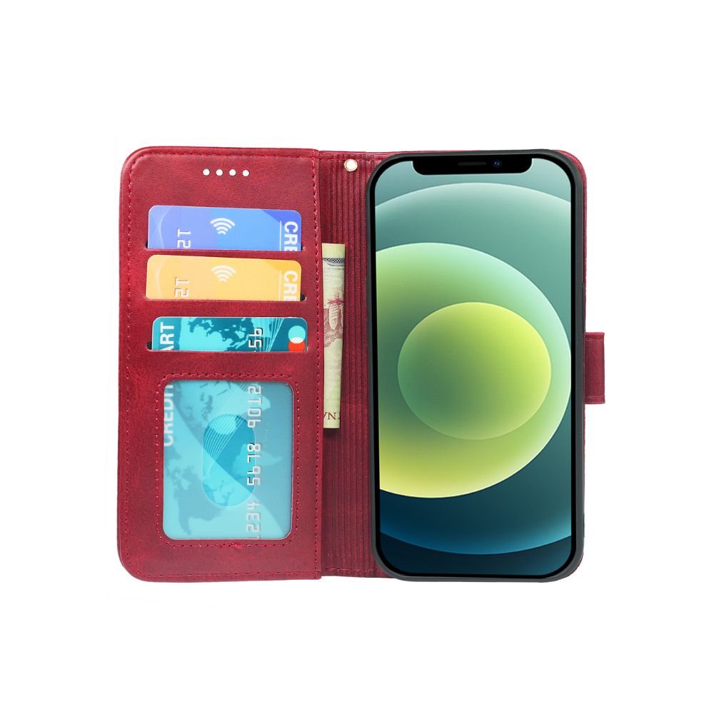 Red leather iPhone 11 book flip case by Phone Base with wallet-style design and card slots, showing the front cover and phone screen.
