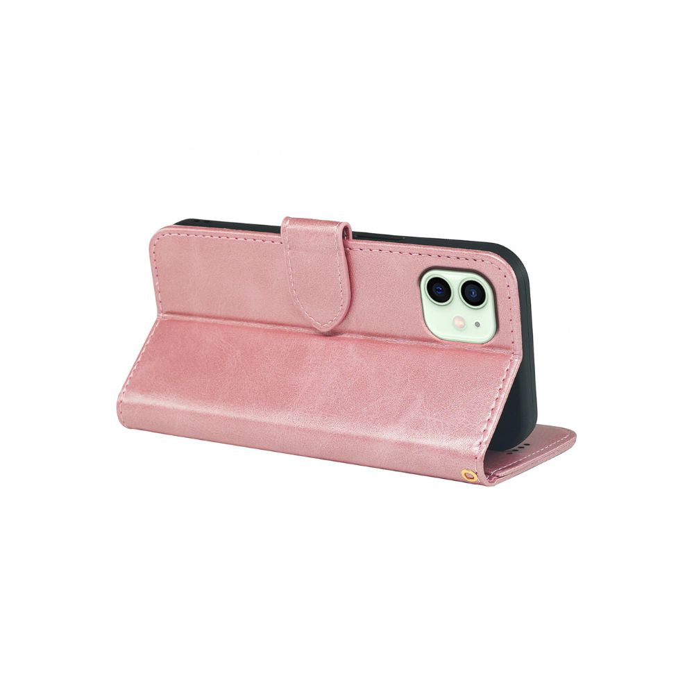 Rose gold leather flip case for iPhone 11 by Phone Base, featuring a book-style wallet design with card slots and secure closure.