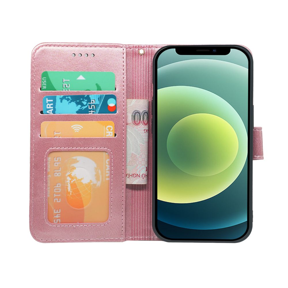 Rose gold iPhone 11 flip case by Phone Base with leather wallet design, featuring card slots and a protective book-style cover.