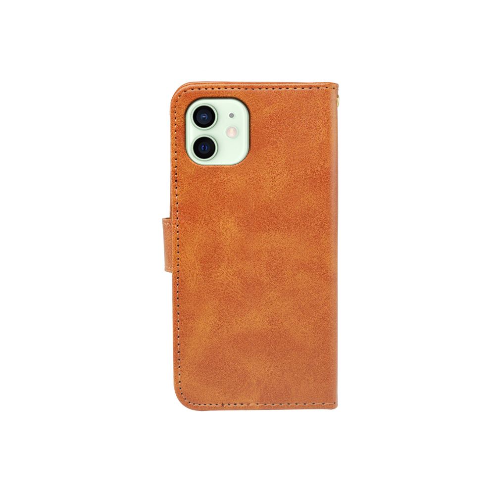 iPhone 11 Book Flip Case by Phone Base in tan leather with wallet slots and protective cover, designed for stylish phone protection.