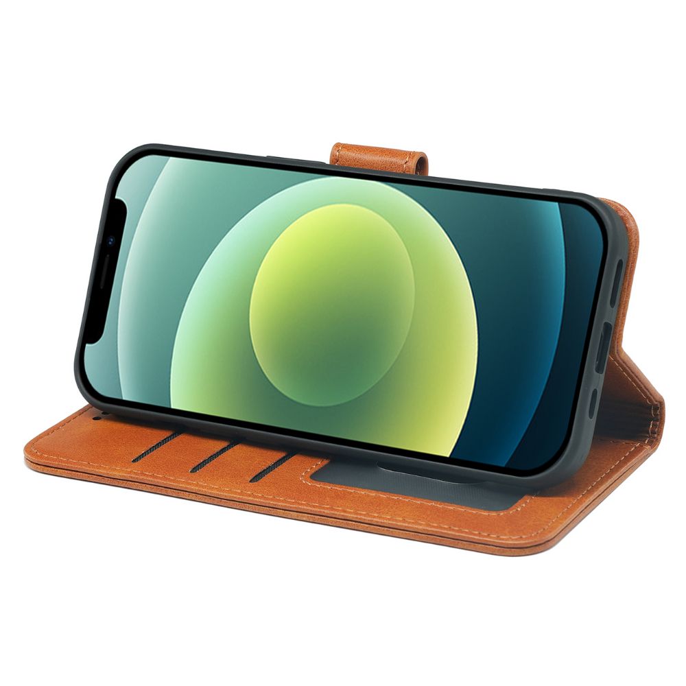 Tan leather flip case for iPhone 11 by Phone Base, featuring a book-style wallet design with card slots and protective cover.