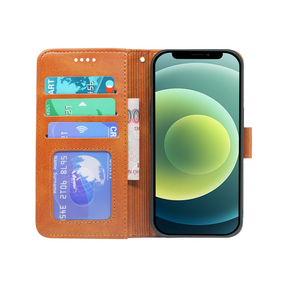 Tan leather flip book case for iPhone 11 by Phone Base, featuring a wallet design with card slots and secure cover.