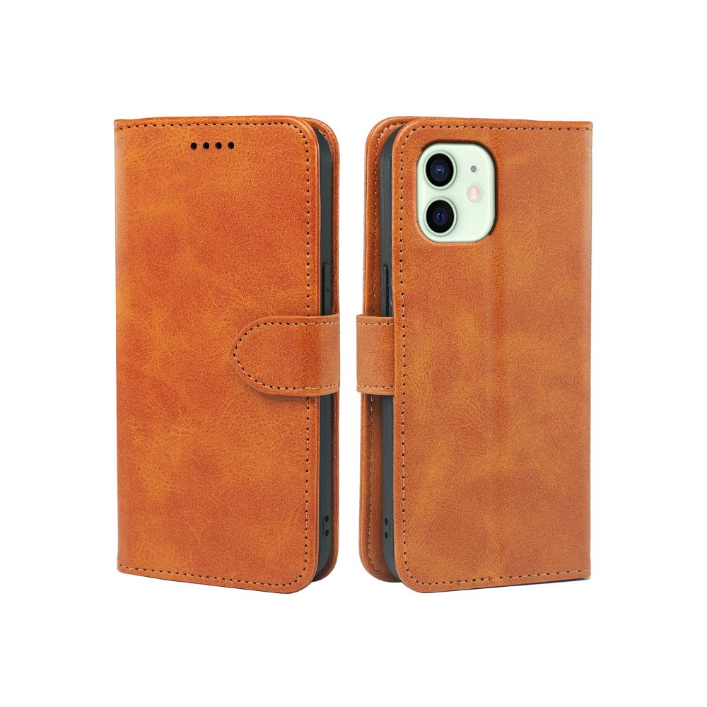 Leather flip case for iPhone 11 by Phone Base, featuring a tan leather wallet design with card slots and protective cover.