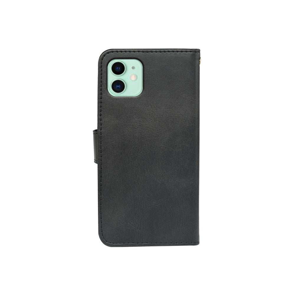 Black leather flip case for iPhone 11 by Phone Base, featuring a book-style design with wallet slots and protective cover.