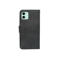 Black leather flip case for iPhone 11 by Phone Base, featuring a book-style design with wallet slots and protective cover.