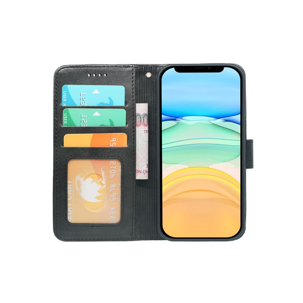 Black leather iPhone 11 book flip case with wallet design by Phone Base, showing interior card slots and protective cover.
