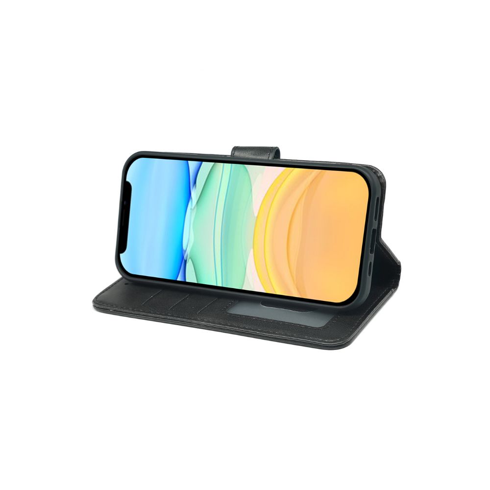 Black leather flip case for iPhone 11 by Phone Base, featuring a wallet-style design with card slots and protective cover.
