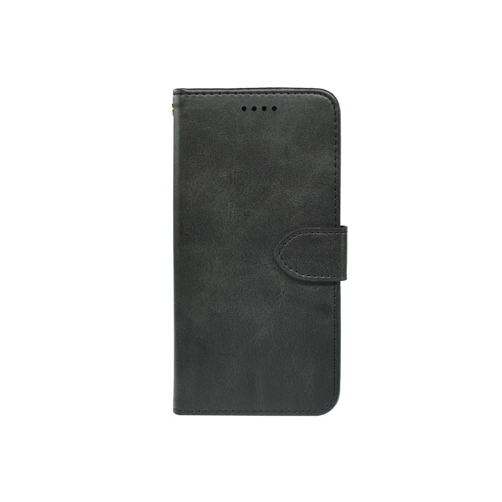 Black leather flip case for iPhone 11 by Phone Base, featuring a book-style wallet design with card slots and protective cover.