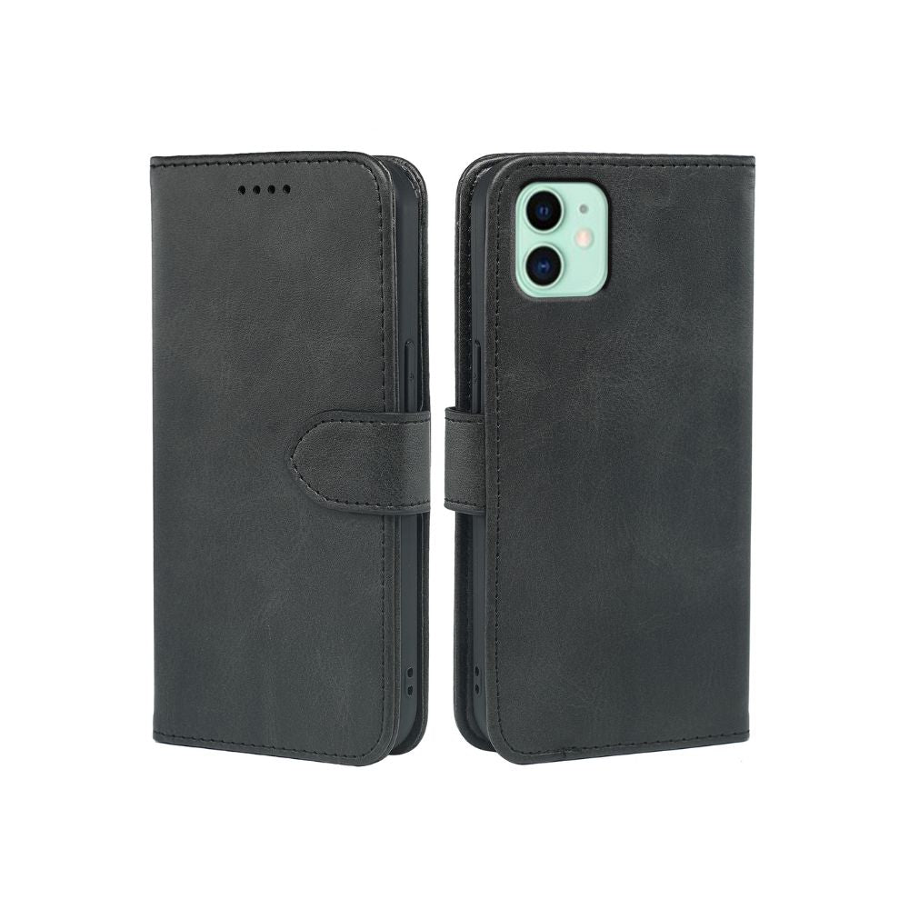 Black leather flip case for iPhone 11 by Phone Base, featuring a wallet-style book cover with card slots and phone protection.