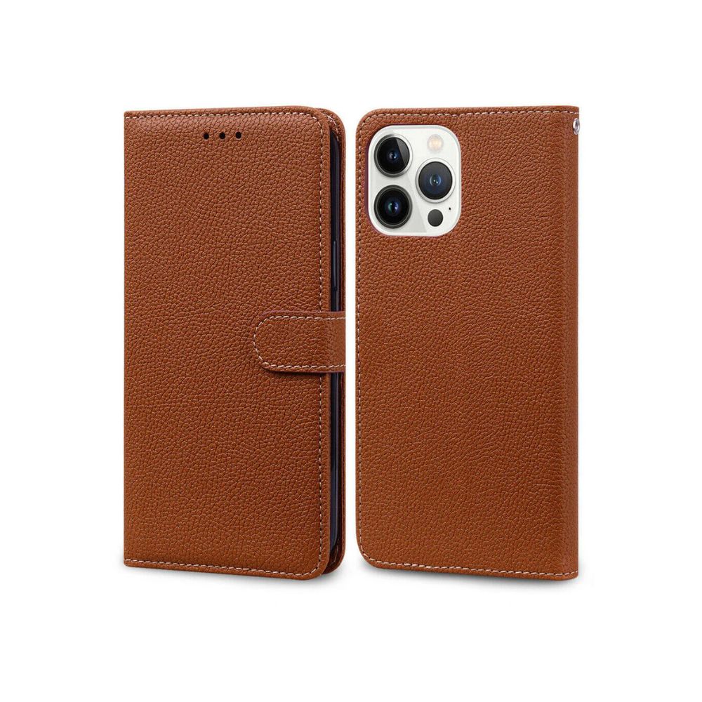 Brown leather flip book case for iPhone 14 series by Phone Base, featuring wallet-style design and protective cover.