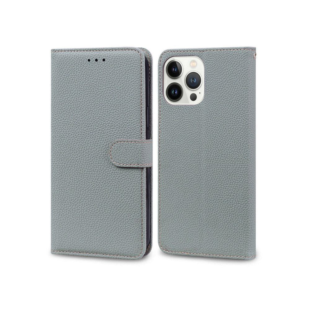 Grey leather flip book case for iPhone 11 Pro Max by Phone Base, featuring a wallet-style design with card slots and protection.