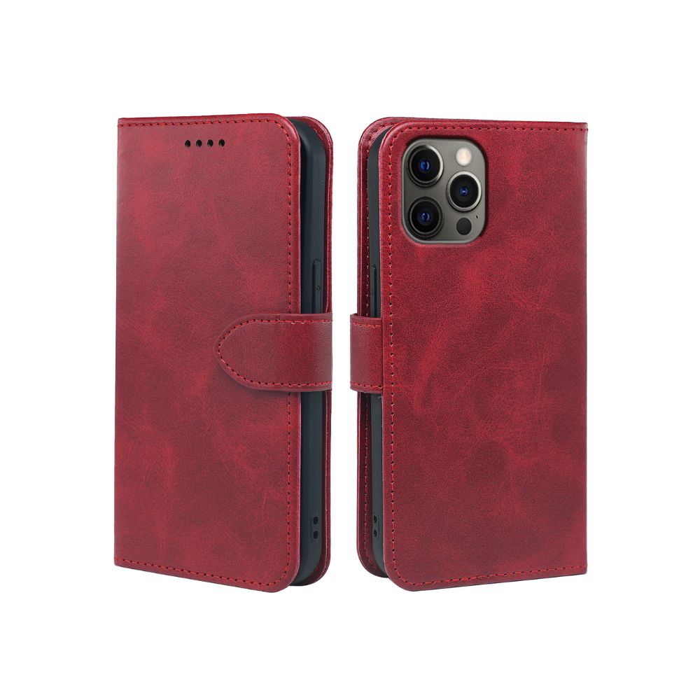 Leather wallet flip case for iPhone 14 Series by Phone Base, showing the front cover and card slots on a black background.
