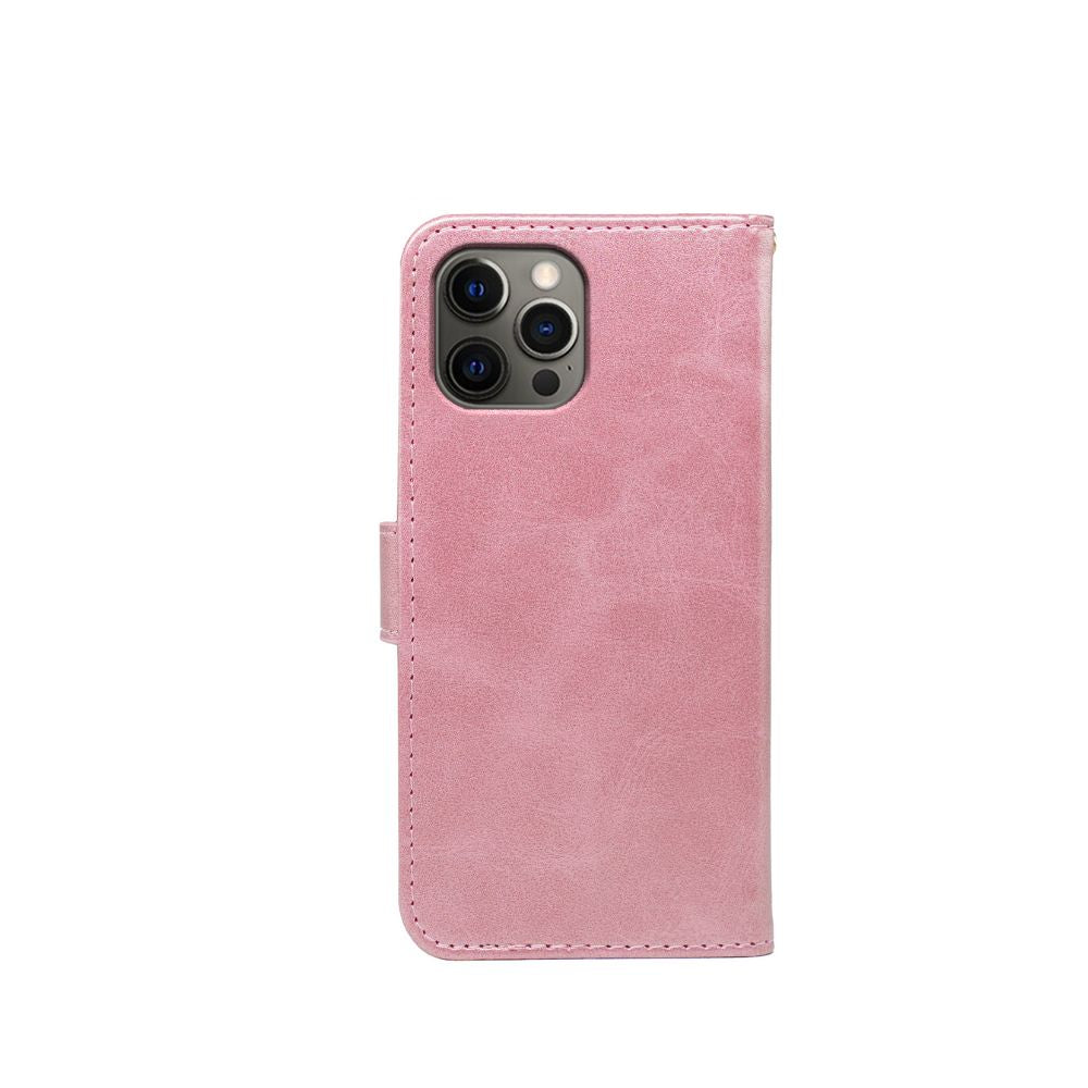 Leather flip book case for iPhone 13 Series by Phone Base, featuring a wallet-style design with card slots and protective cover.