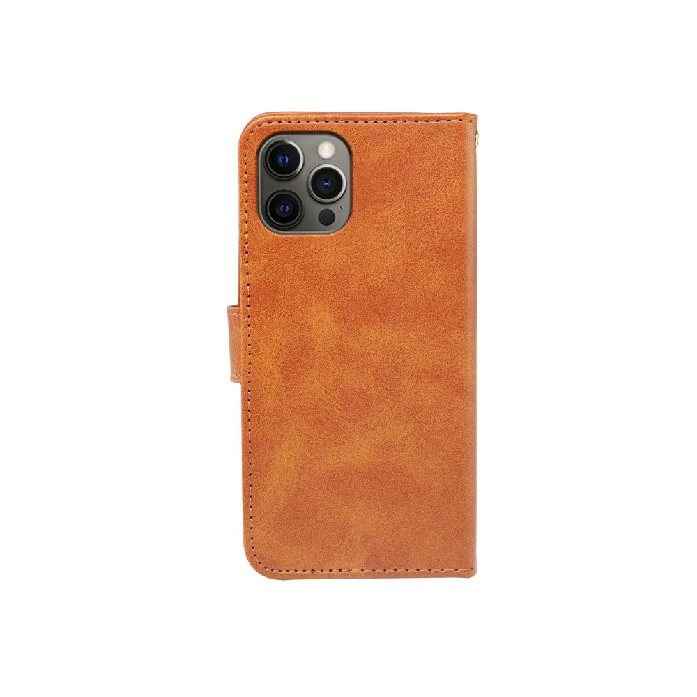 Rose gold iPhone 14 Series Book Flip Case by Phone Base with leather wallet and card slots, showing the front cover and phone screen.