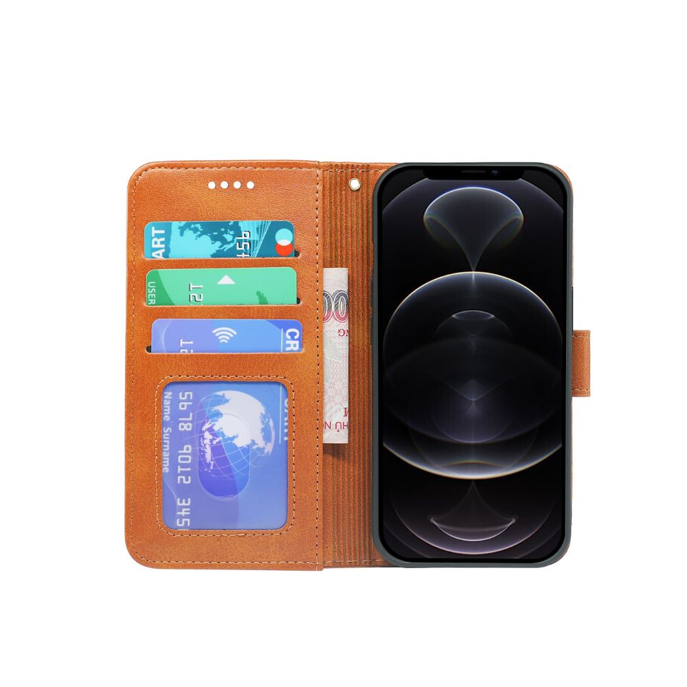 Rose gold iPhone 14 Series Book Flip Case by Phone Base with leather wallet design, showing the open cover with card slots.