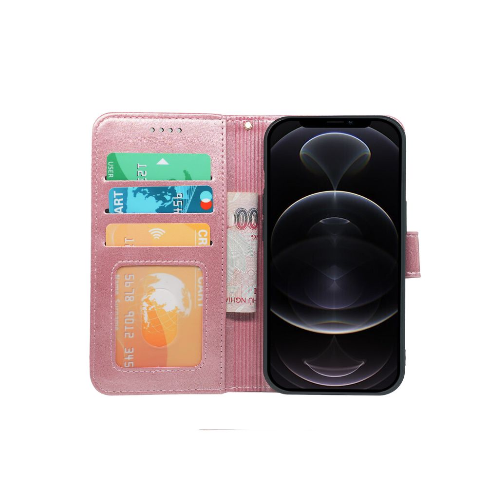 Rose gold iPhone 14 series book flip case with leather wallet from Phone Base, featuring card slots and protective cover.