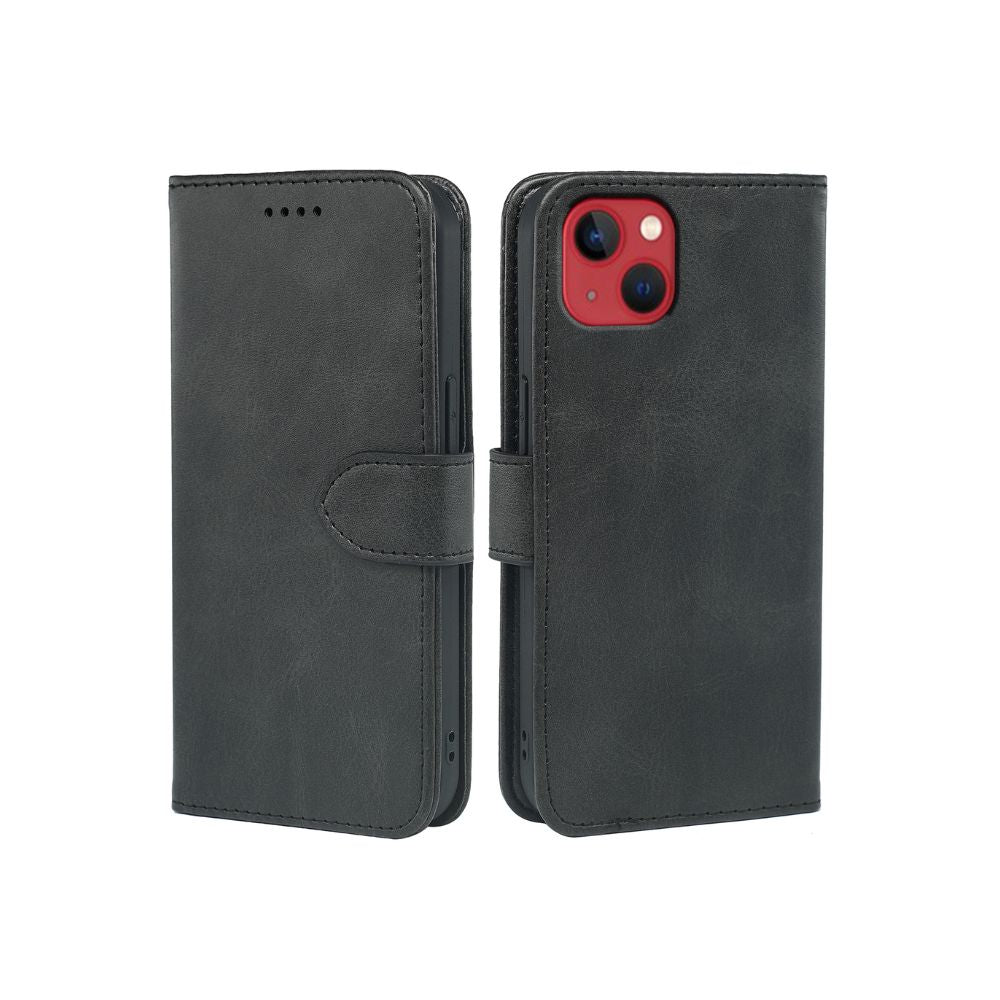 Leather flip book case for iPhone 14 Series by Phone Base, featuring a wallet-style design with card slots and secure cover.
