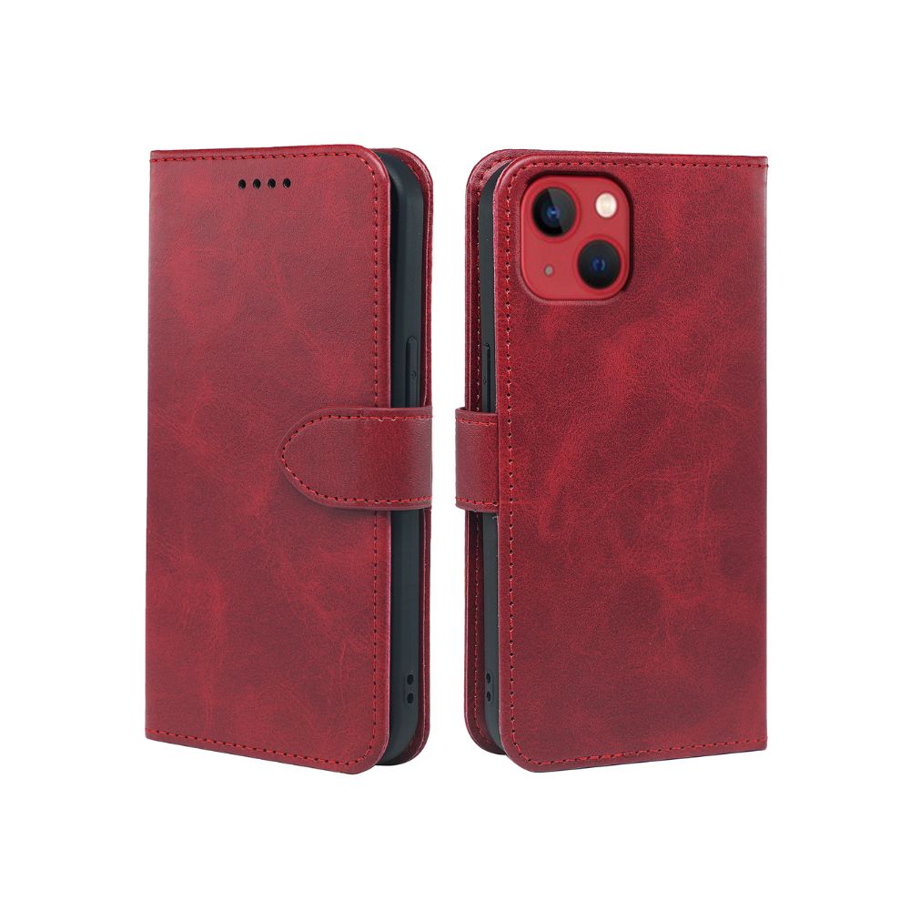 Leather flip cover for iPhone 13 series by Phone Base, featuring a book-style design with card slots and protective case.