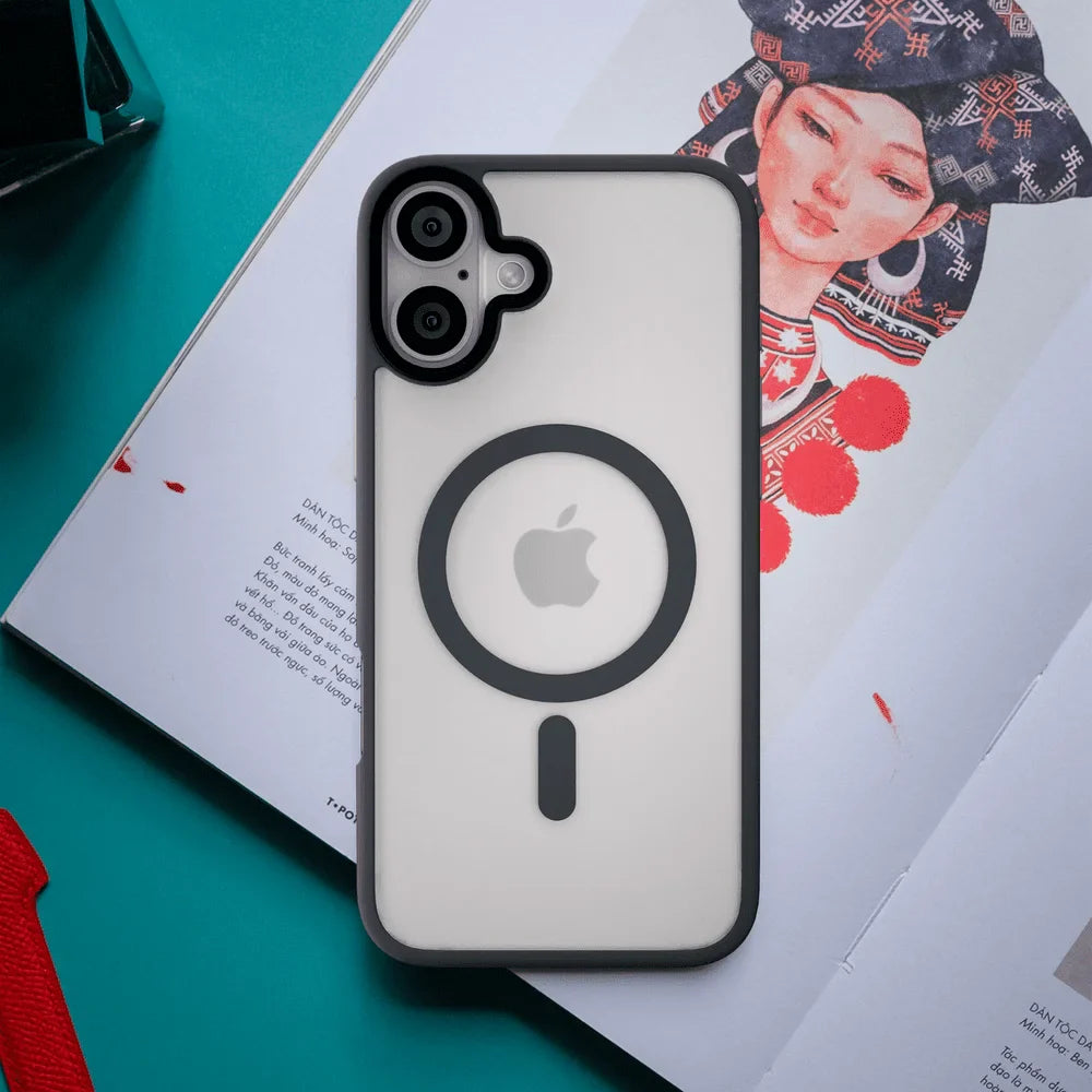 Black Phone Base Vibe MagSafe case for iPhone 15 and 16 series, showing the sleek protective design on an iPhone 16.