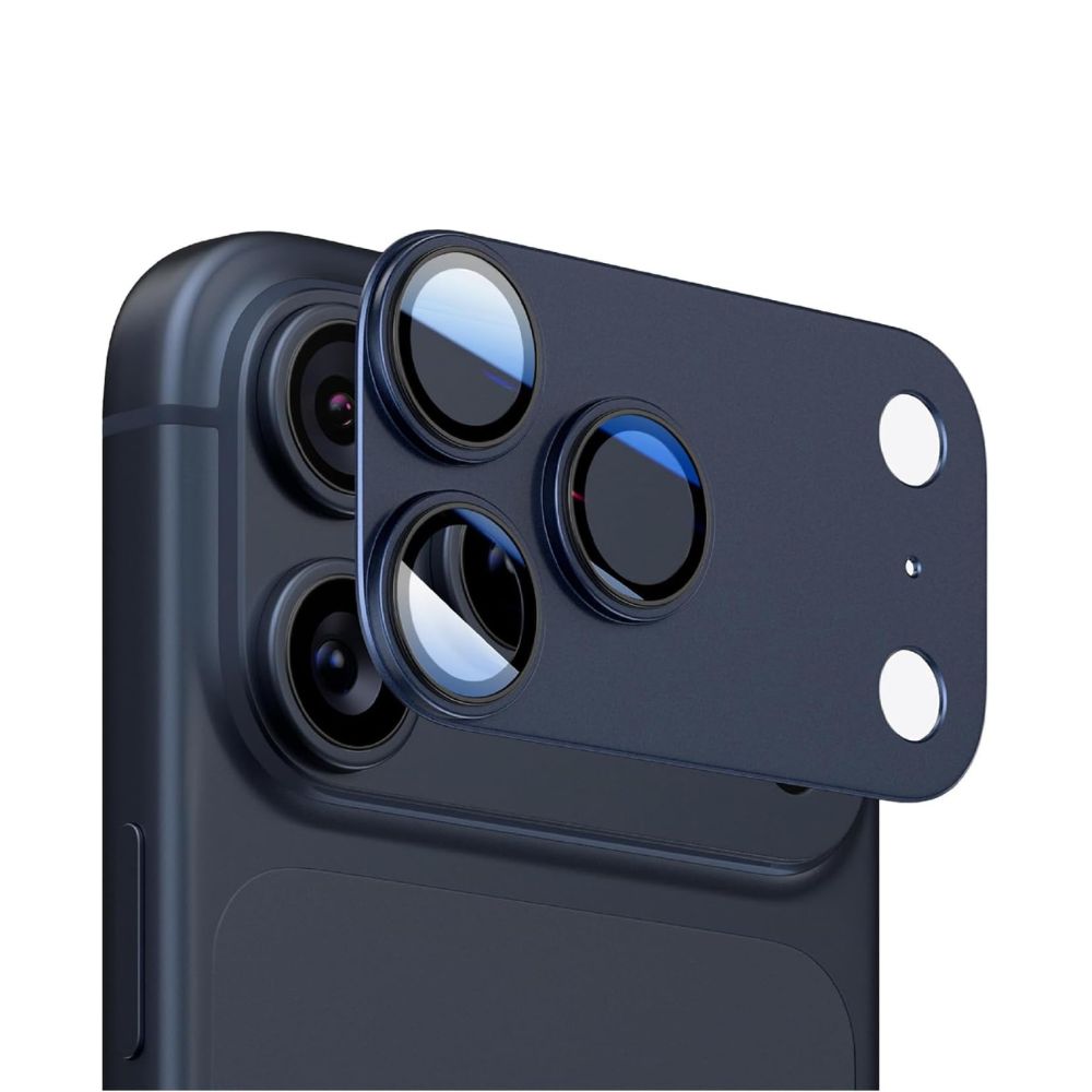 Blue iPhone 17 Pro Max camera lens protector by Phone Base, made of metal for full lens protection.