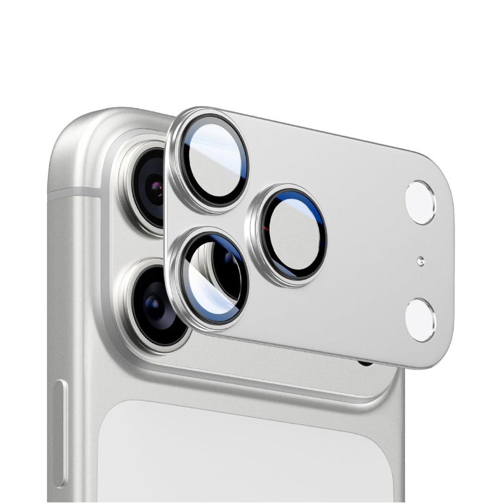 Orange metal camera lens protector for iPhone 17 Pro Max by Phone Base, protecting the full camera lens area.